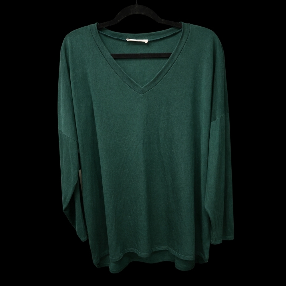 Forest Green V Neck Long Sleeve Top | Oversized Relaxed Basic Tee | XL